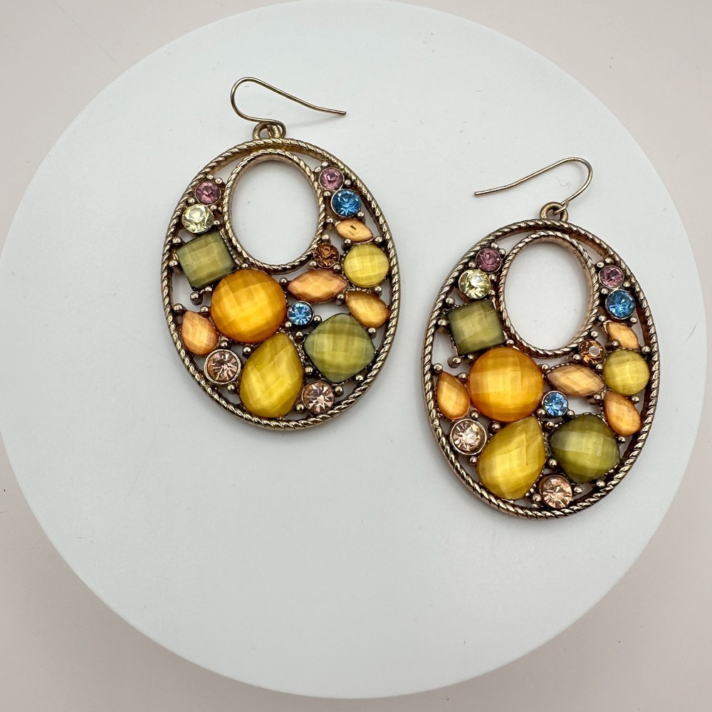 Vintage 90s Y2K Gold Tone Beaded Hoop Earrings with Rhinestones
